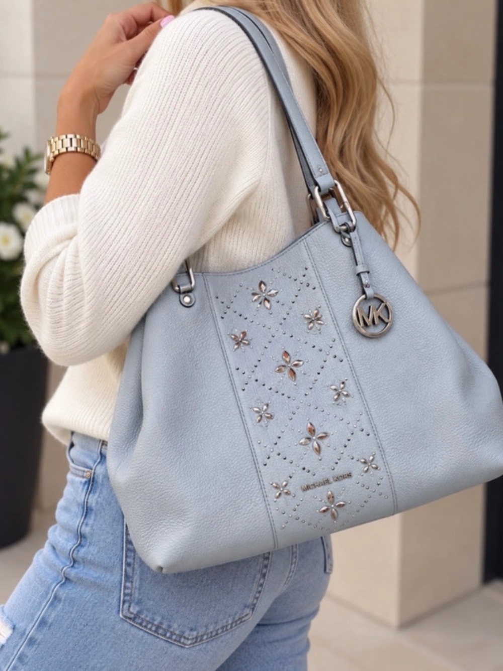 Michael Kors Leighton Large Leather Shoulder Tote – Pale Blue – NWT